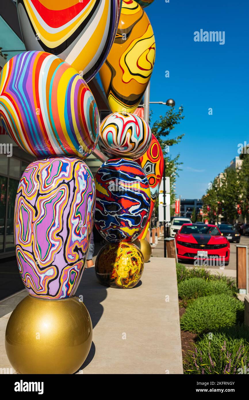 Street view downtown Burnaby, modern street art and shopping centre Metrotown area, Vancouver BC, Canada-October 1,2022. Travel photo, nobody Stock Photo