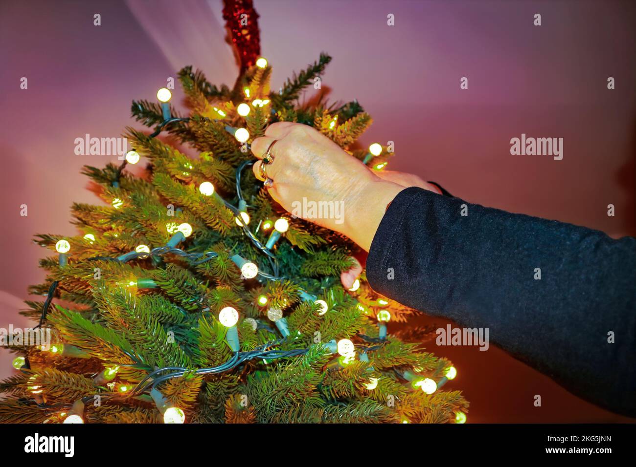 Womans hands with rings putty electric lights on artificial Christmas tree - closeup and selective focus Stock Photo