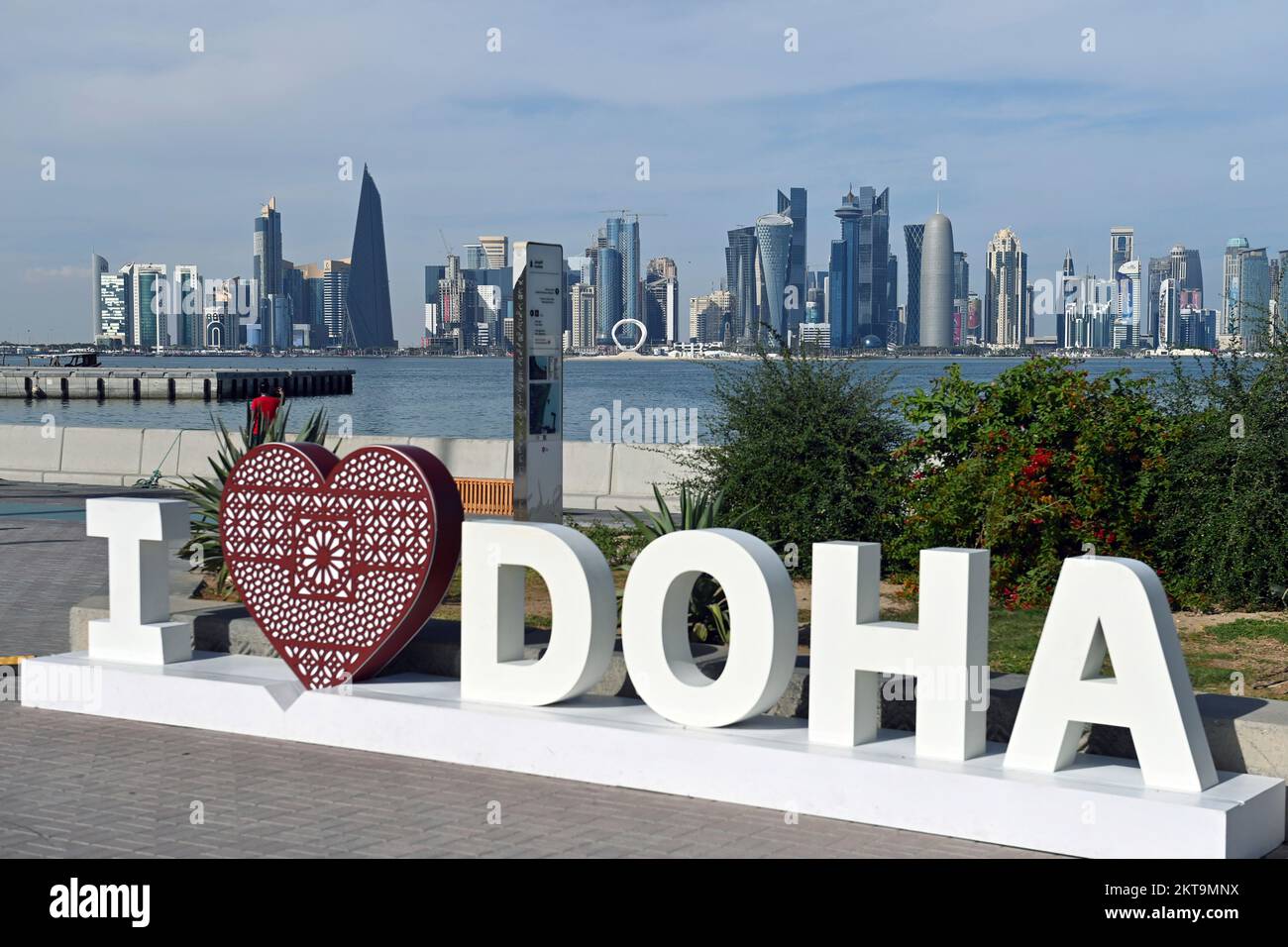 Impressions from Doha/Qatar on November 29th, 2022. FIFA Fanfest, Corniche West Bay.The Corniche. Skiyline, silhouette, skyscraper. Lettering I LOVE DOHA. Soccer World Cup 2022 in Qatar from 20.11. - 18.12.2022 ? Stock Photo