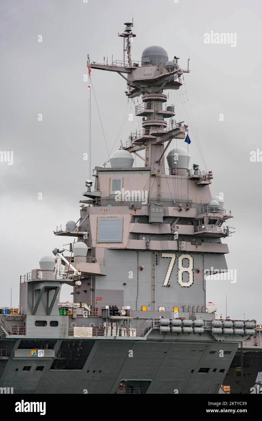 The US Navy aircraft carrier USS Gerald R Ford (CVN 78) at anchor in The Solent, UK on the 16th November 2022. Stock Photo