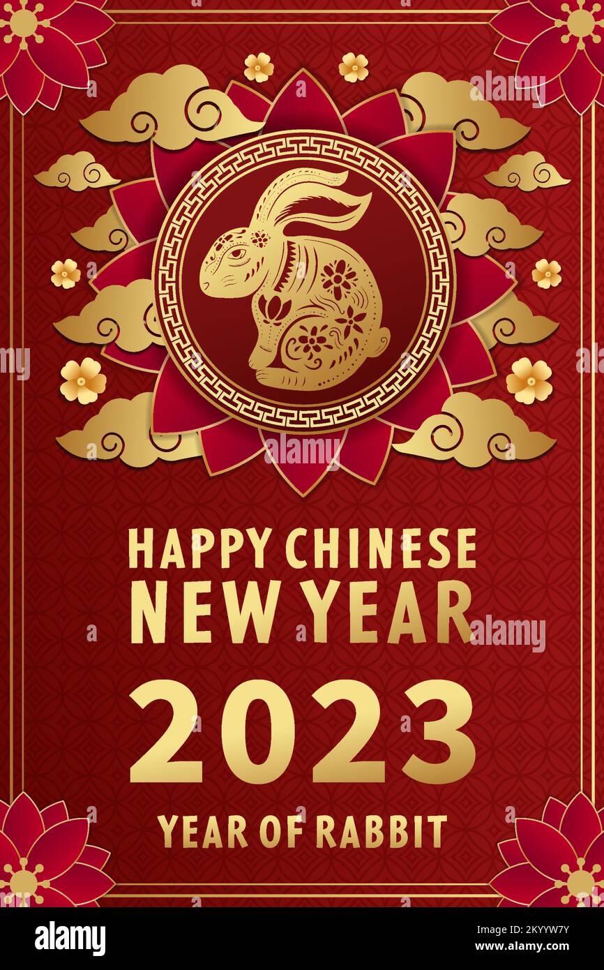 golden color chinese new year 2023 on red background with rabbit Stock Vector