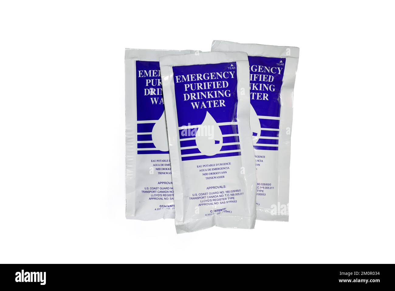 Emergency Purified Drinking Water pouches isolated on a white background. cutout image for illustration and editorial use. Stock Photo