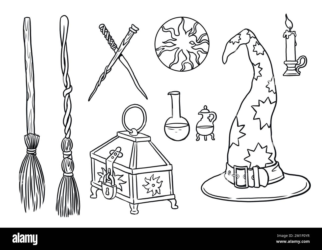 Things of a magician. Hat, Wand, Broom, Treasure Chest, Glass Sphere. Coloring page for wizard lover. Stock Photo