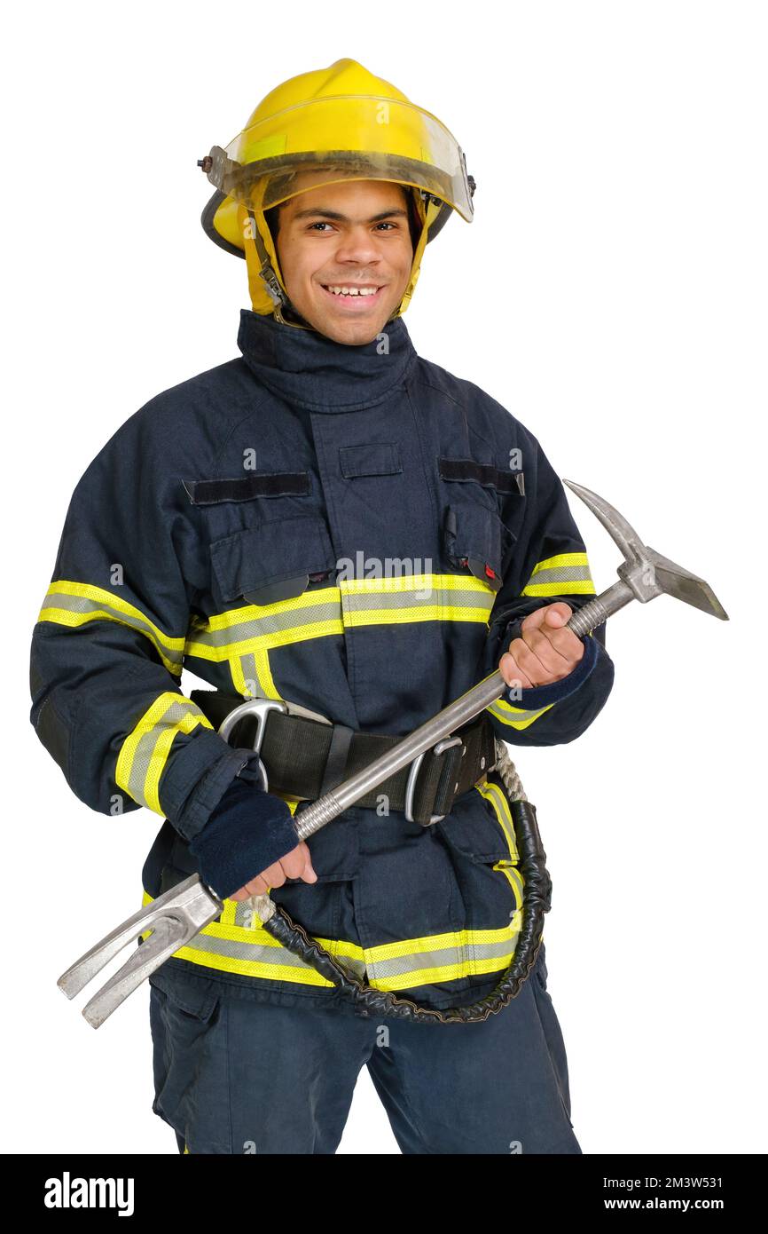 Fireman with hooligan crowbar in hands Stock Photo