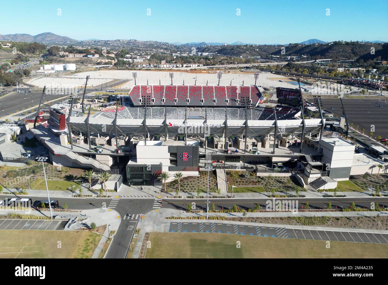 A general overall aerial view of Snapdragon Stadium, Saturday, Dec. 10, 2022, in San Diego, Calif. The stadium is the home of San Diego State Aztecs Football team and San Diego Wave of the NWSL. Stock Photo