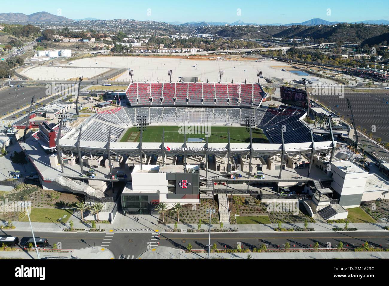 A general overall aerial view of Snapdragon Stadium, Saturday, Dec. 10, 2022, in San Diego, Calif. The stadium is the home of San Diego State Aztecs Football team and San Diego Wave of the NWSL. Stock Photo