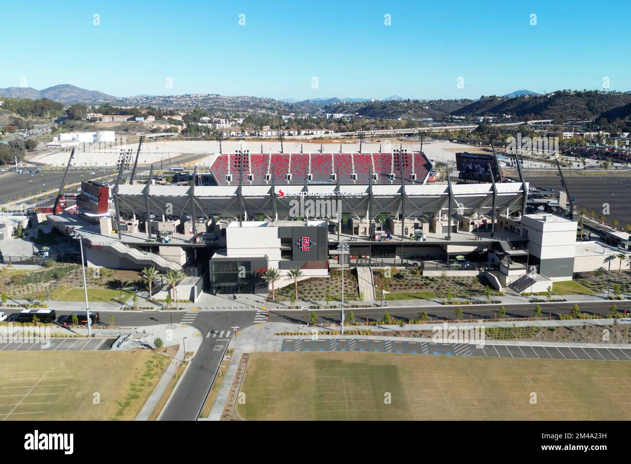 A general overall aerial view of Snapdragon Stadium, Saturday, Dec. 10, 2022, in San Diego, Calif. The stadium is the home of San Diego State Aztecs Football team and San Diego Wave of the NWSL. Stock Photo