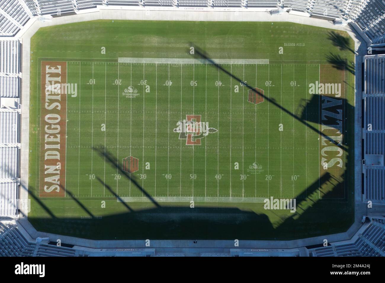 A general overall aerial view of the Snapdragon Stadium Football with San Diego State Aztecs logo at midfield, Saturday, Dec. 10, 2022, in San Diego, Calif. Stock Photo