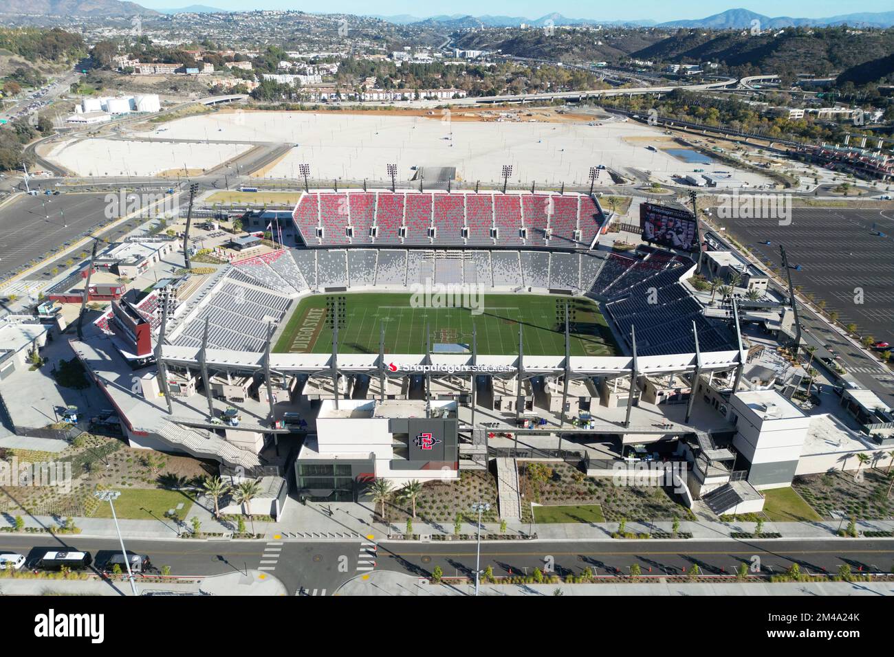 A general overall aerial view of Snapdragon Stadium, Saturday, Dec. 10, 2022, in San Diego, Calif. The stadium is the home of San Diego State Aztecs Football team and San Diego Wave of the NWSL. Stock Photo