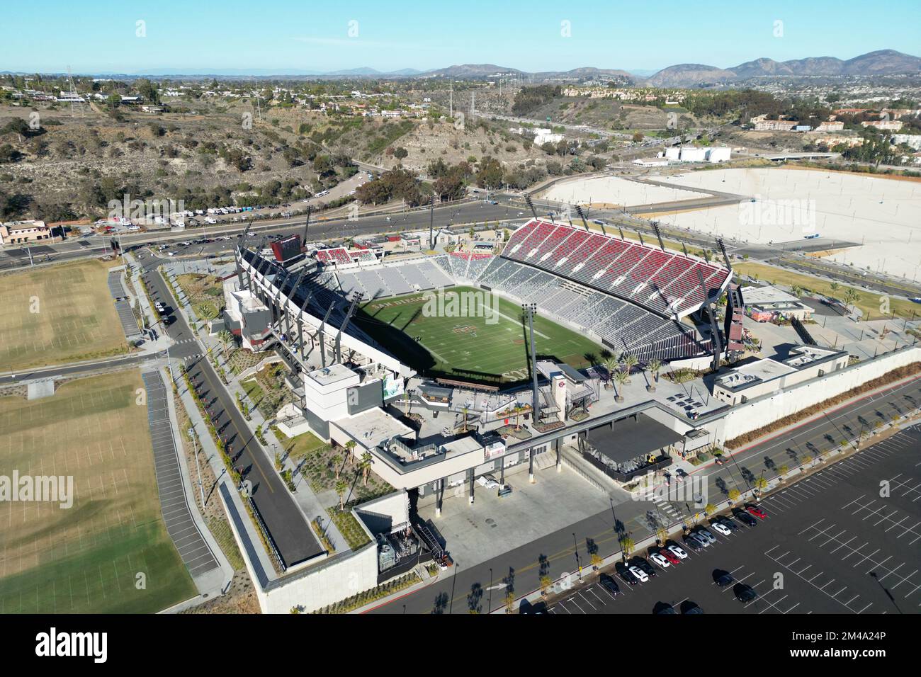 A general overall aerial view of Snapdragon Stadium, Saturday, Dec. 10, 2022, in San Diego, Calif. The stadium is the home of San Diego State Aztecs Football team and San Diego Wave of the NWSL. Stock Photo