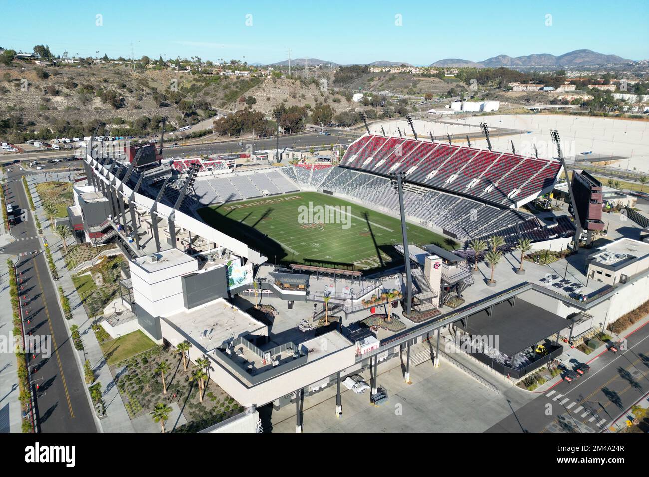 A general overall aerial view of Snapdragon Stadium, Saturday, Dec. 10, 2022, in San Diego, Calif. The stadium is the home of San Diego State Aztecs Football team and San Diego Wave of the NWSL. Stock Photo