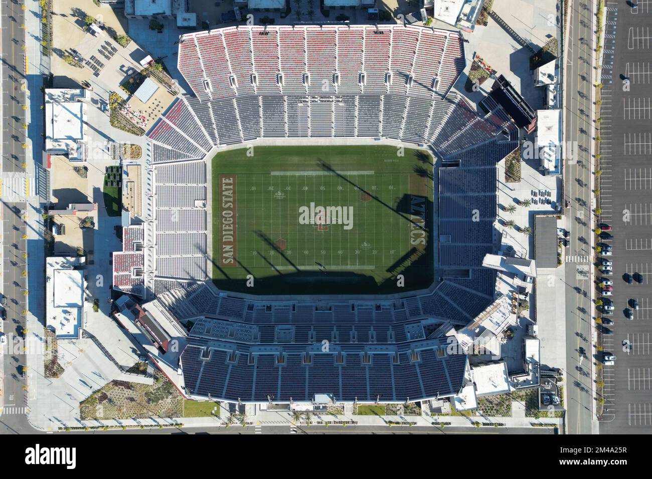 A general overall aerial view of the Snapdragon Stadium Football with San Diego State Aztecs logo at midfield, Saturday, Dec. 10, 2022, in San Diego, Calif. Stock Photo