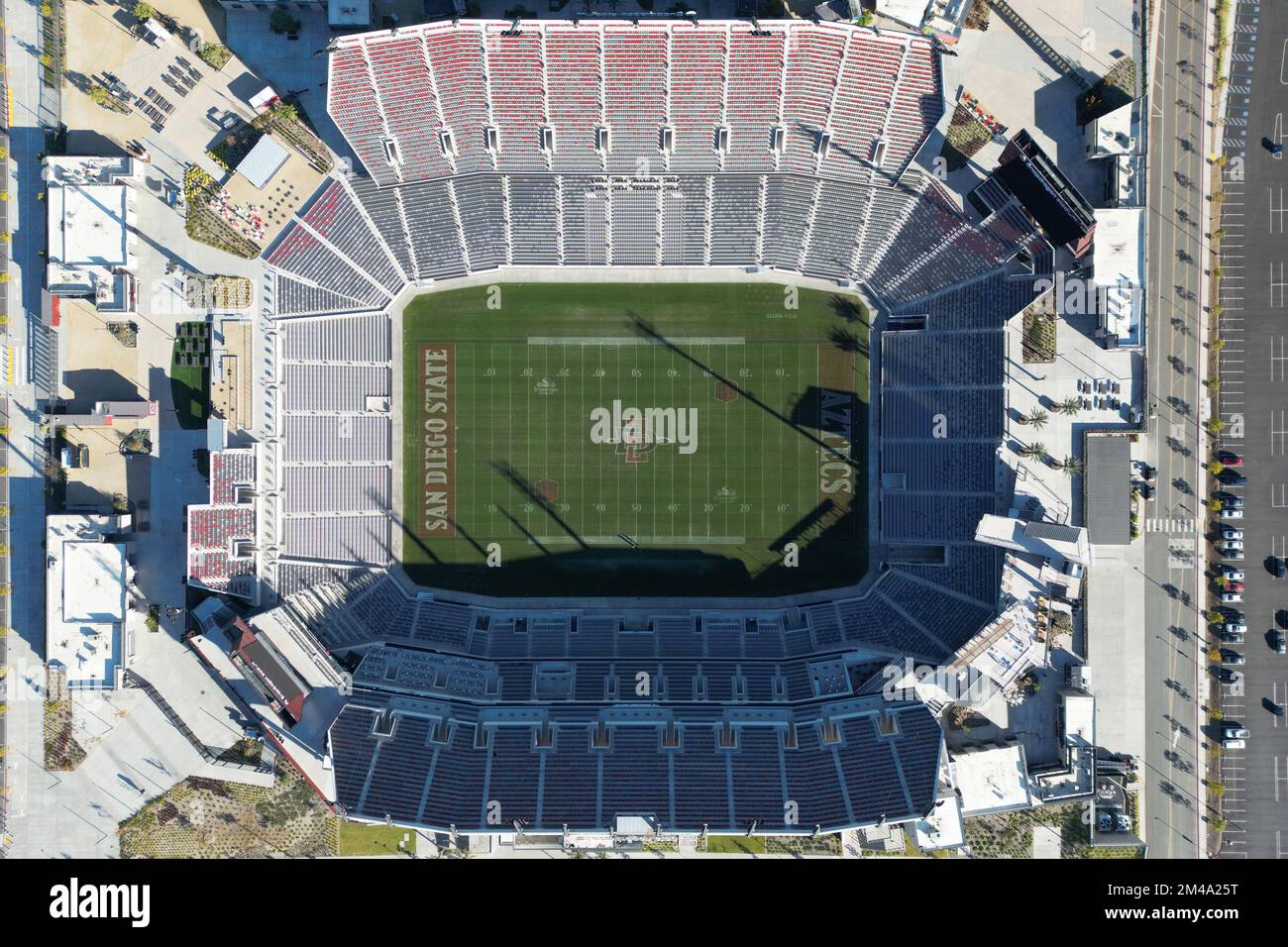 A general overall aerial view of the Snapdragon Stadium Football with San Diego State Aztecs logo at midfield, Saturday, Dec. 10, 2022, in San Diego, Calif. Stock Photo