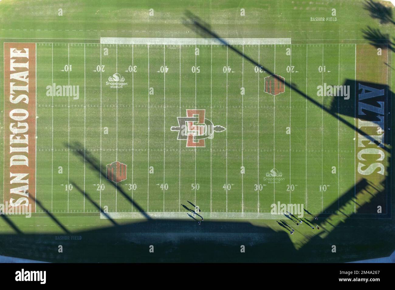 A general overall aerial view of the Snapdragon Stadium Football with San Diego State Aztecs logo at midfield, Saturday, Dec. 10, 2022, in San Diego, Calif. Stock Photo