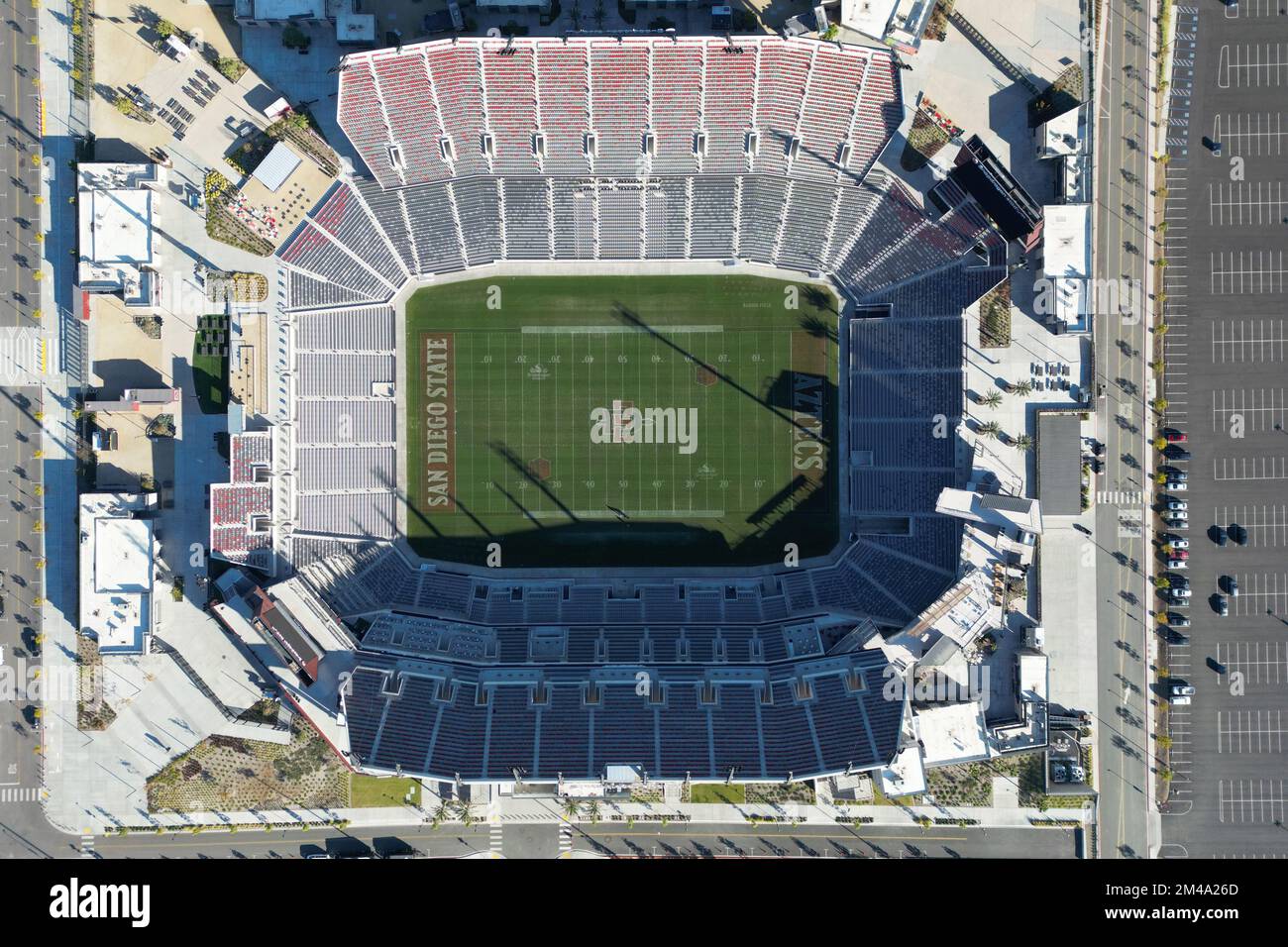 A general overall aerial view of the Snapdragon Stadium Football with San Diego State Aztecs logo at midfield, Saturday, Dec. 10, 2022, in San Diego, Calif. Stock Photo