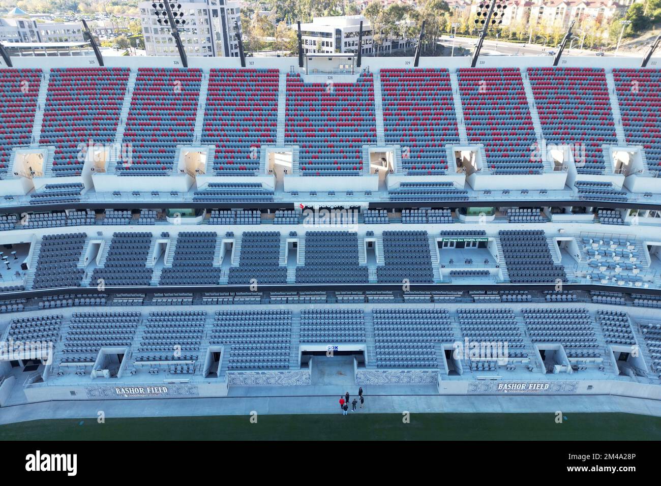 A general overall aerial view of Snapdragon Stadium, Saturday, Dec. 10, 2022, in San Diego, Calif. The stadium is the home of San Diego State Aztecs Football team and San Diego Wave of the NWSL. Stock Photo