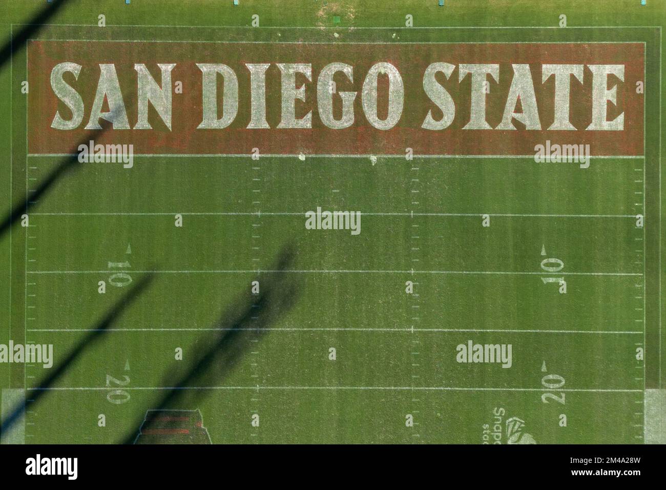 A general overall aerial view of the Snapdragon Stadium Football with San Diego State Aztecs logo in the end zone, Saturday, Dec. 10, 2022, in San Diego, Calif. Stock Photo