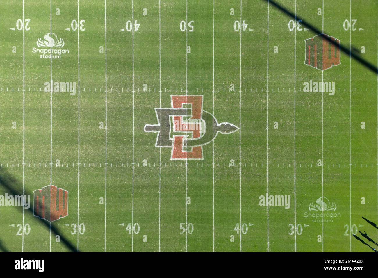 A general overall aerial view of the Snapdragon Stadium Football with San Diego State Aztecs logo at midfield, Saturday, Dec. 10, 2022, in San Diego, Calif. Stock Photo