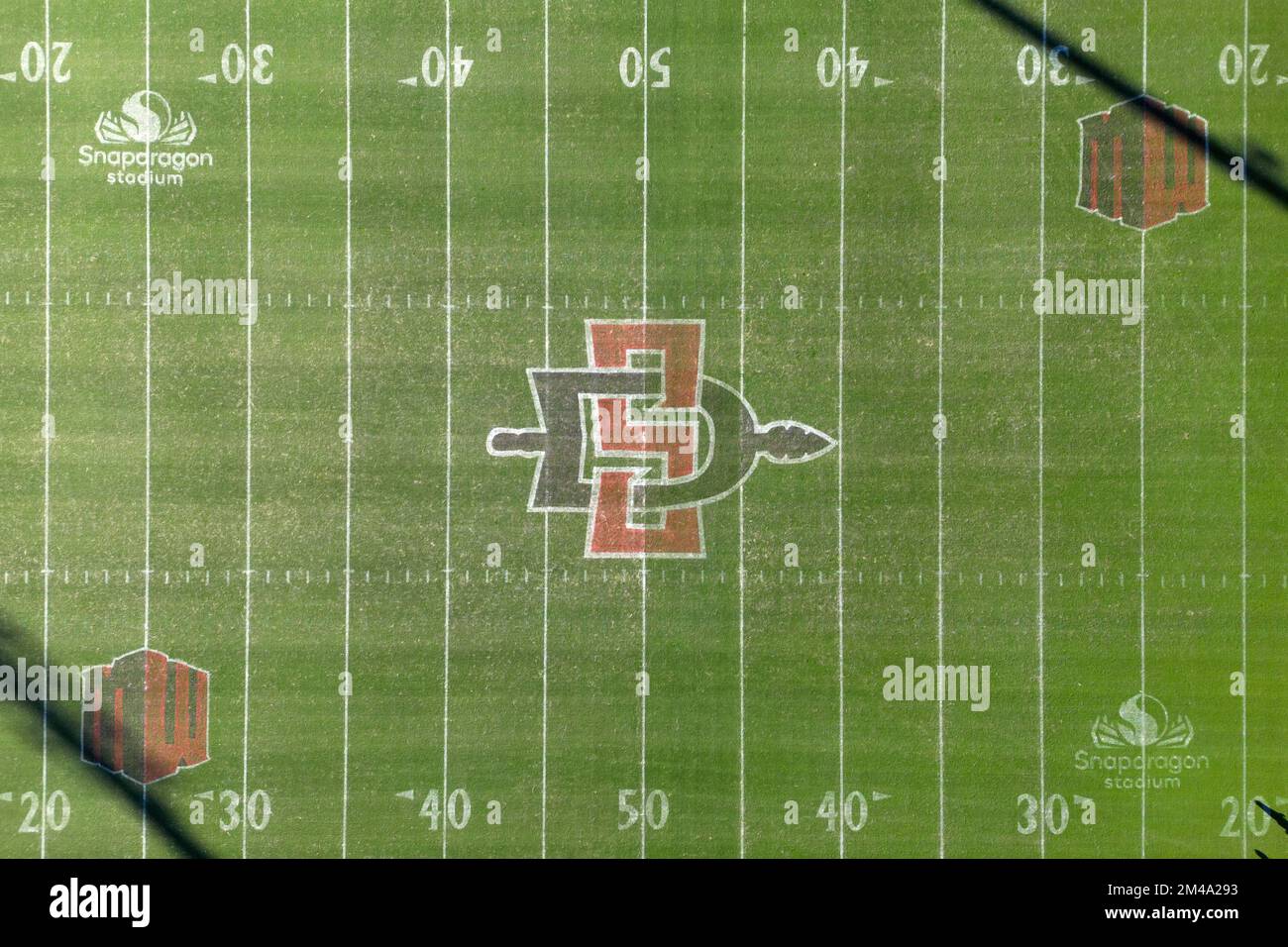 A general overall aerial view of the Snapdragon Stadium Football with San Diego State Aztecs logo at midfield, Saturday, Dec. 10, 2022, in San Diego, Calif. Stock Photo