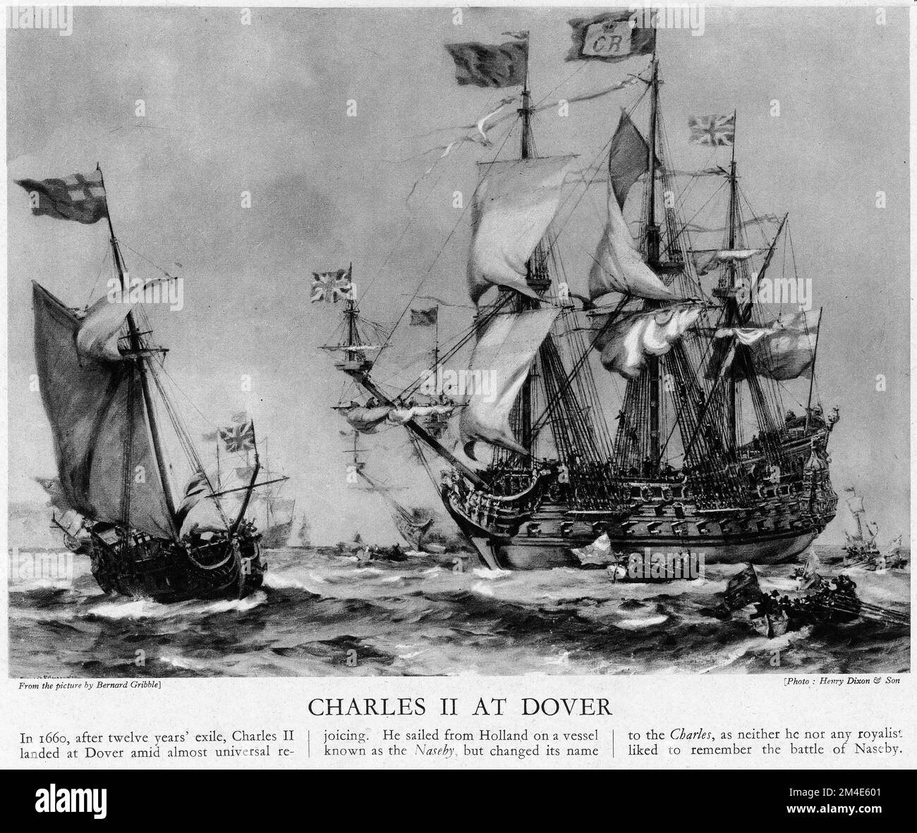 Halftone of Charles II at Dover in a ship he renamed Charles, from an educational publication in 1927. Stock Photo