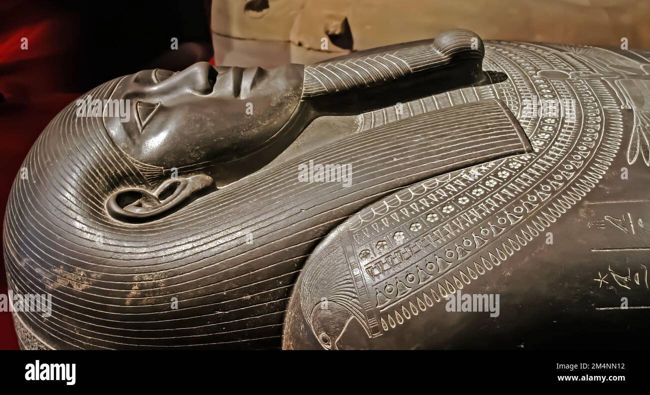 Istanbul (Archaeological museum), Turkey - February 24. 2017: Closeup of egytpian basalt King Tabnit sarcophagus, egypt and phoenician hieroglyphics Stock Photo