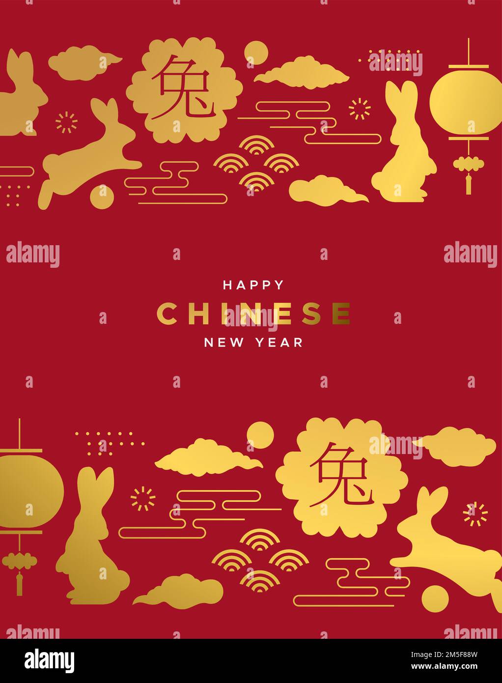 Chinese new year 2023 of the rabbit greeting card illustration of abstract asian decoration in gold color. Red celebration background with lantern, fl Stock Vector