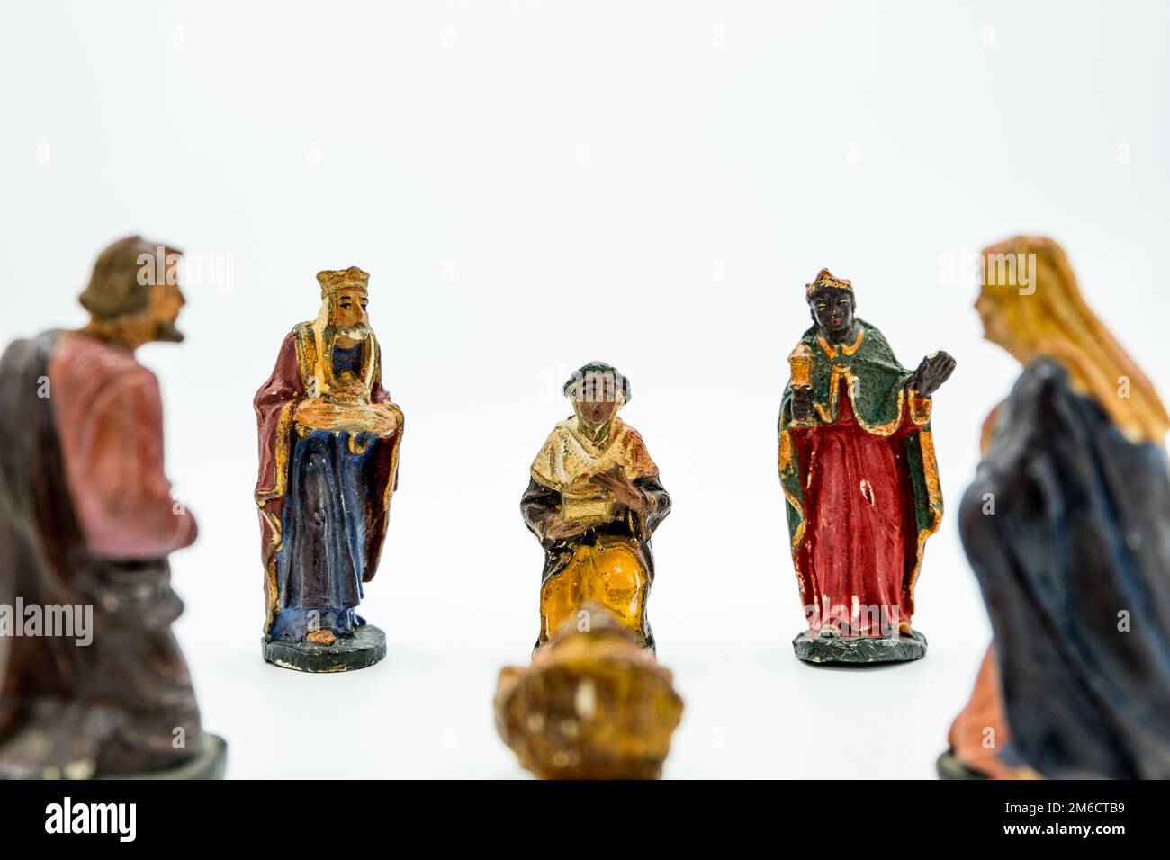 The three biblical magi kings and the Holy family. Stock Photo