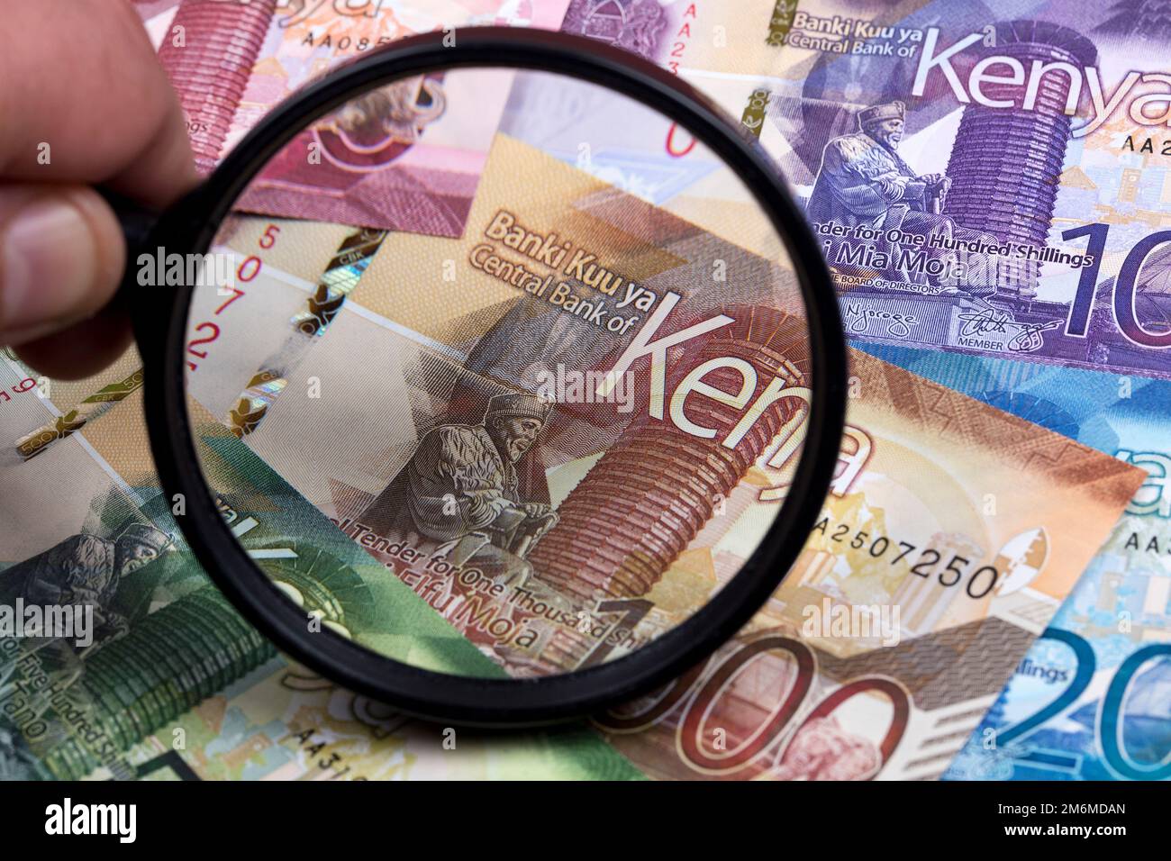 Kenyan shilling in a magnifying glass a business background Stock Photo