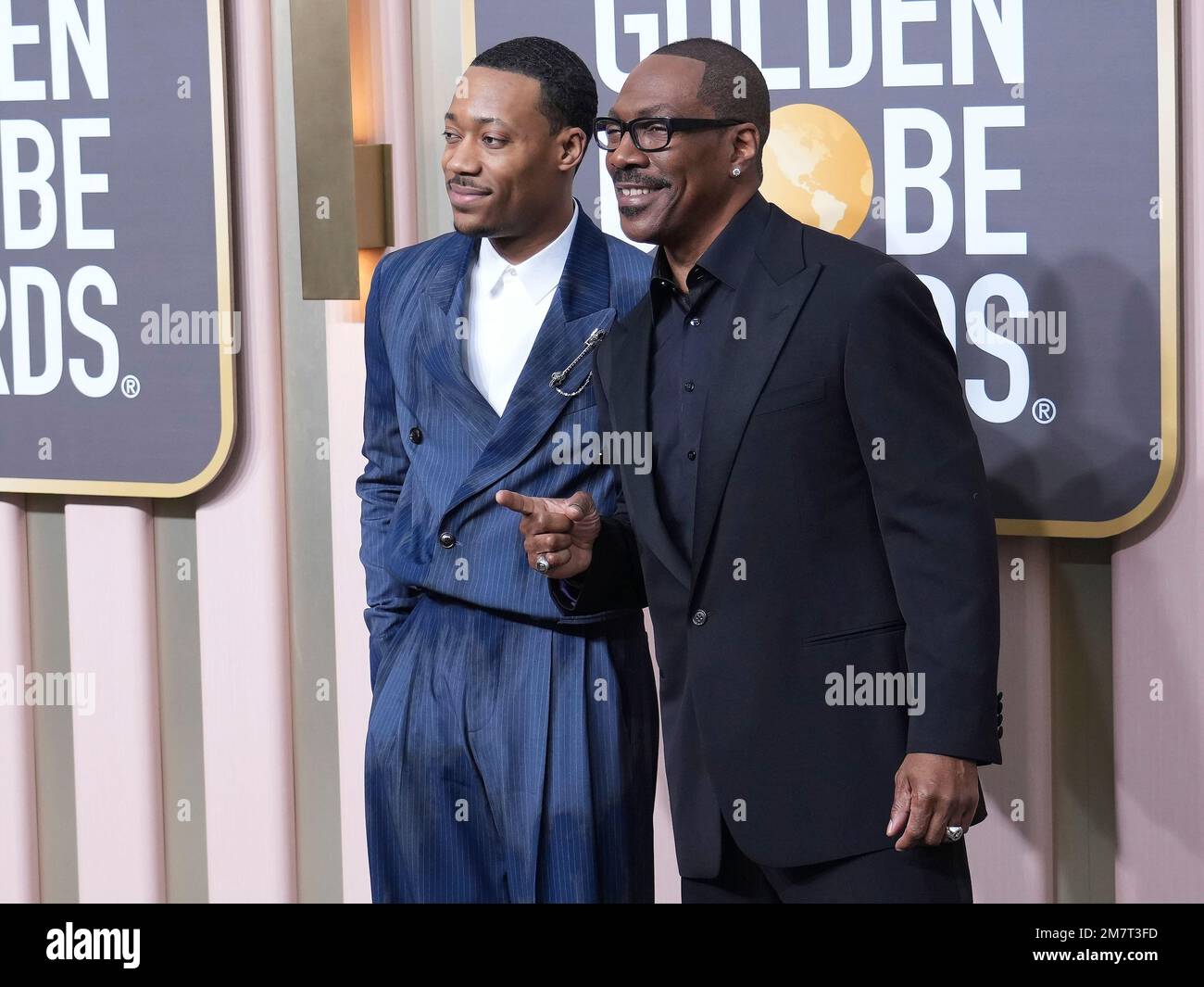 Los Angeles, USA. 10th Jan, 2023. Tyler Williams and Eddie Murphy arrive at the 80th Annual Golden Globe Awards held at The Beverly Hilton on January 10, 2023 in Los Angeles, CA, USA (Photo by Sthanlee B. Mirador/Sipa USA) Credit: Sipa USA/Alamy Live News Stock Photo