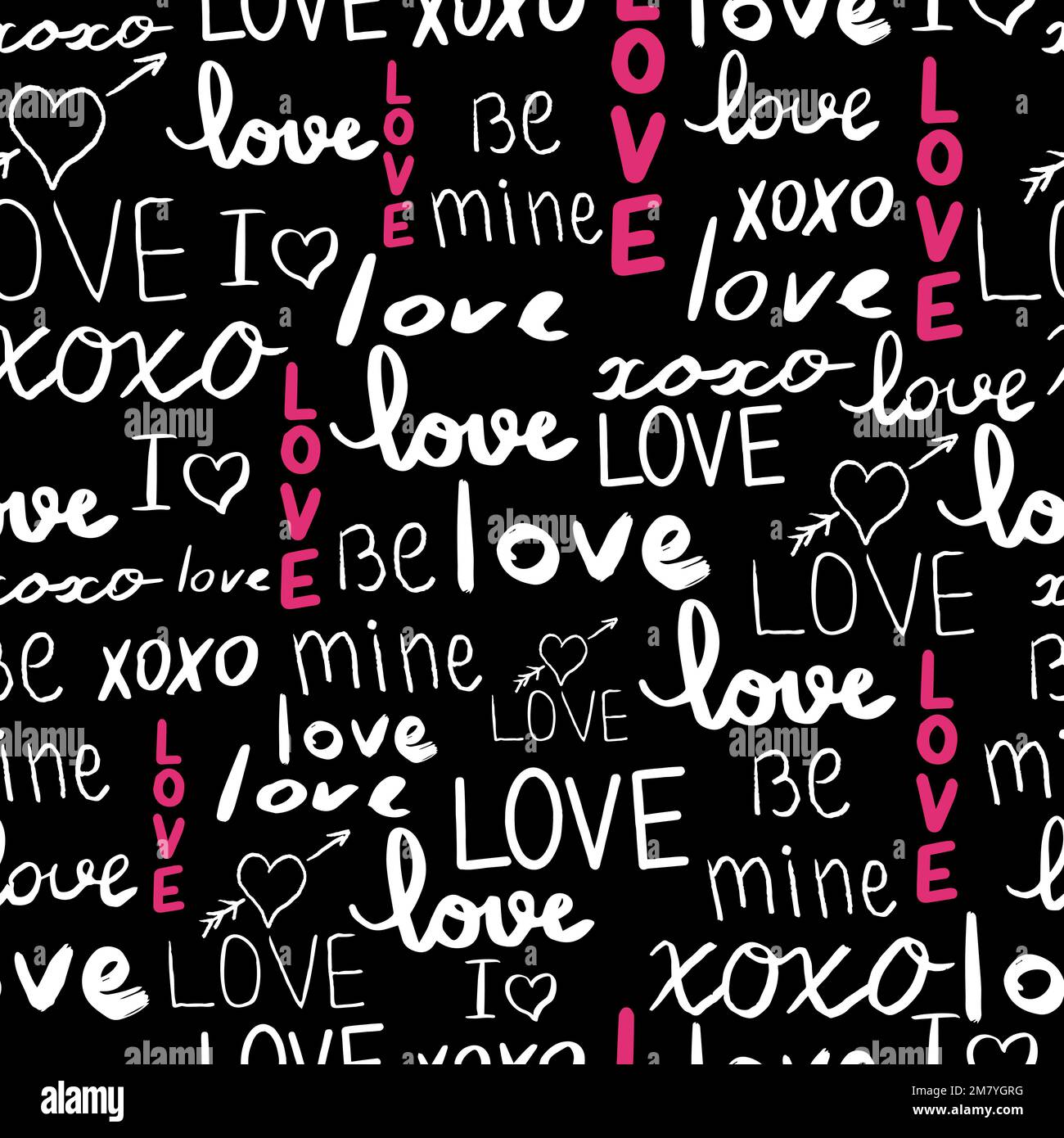 Text love, script cute doodle hand drawn seamless pattern on black background. Vector illustration Stock Vector