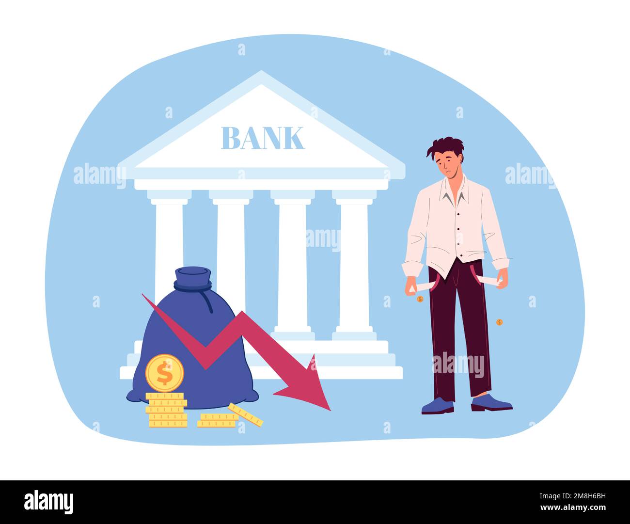 Financial crisis. Poor man with empty pockets watching falling arrow. Cartoon employee character losing money Stock Vector