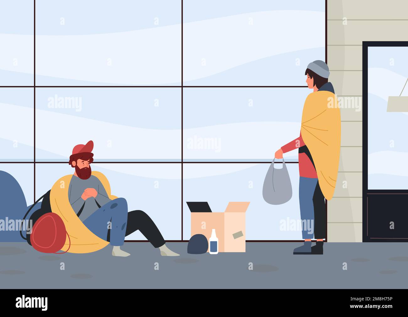 Homeless people outdoor. Poor man sitting on street and begging money and food. Person in ragged clothing bringing package Stock Vector