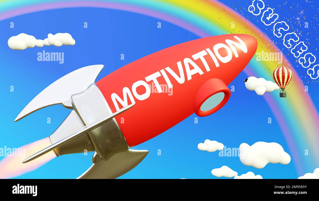 Motivation lead to achieving success in business and life. Cartoon rocket labeled with text Motivation, flying high in the blue sky to reach the rainb Stock Photo