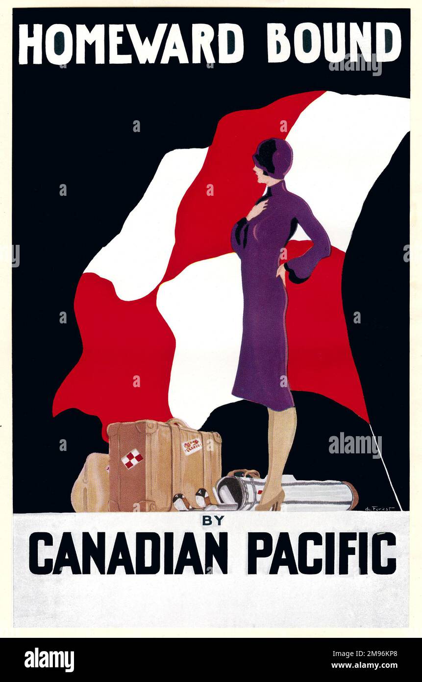 Poster design for Canadian Pacific travel, Homeward Bound, featuring an elegant woman in a purple outfit, standing with her luggage and golfing bag in front of a red and white chequered flag. Stock Photo