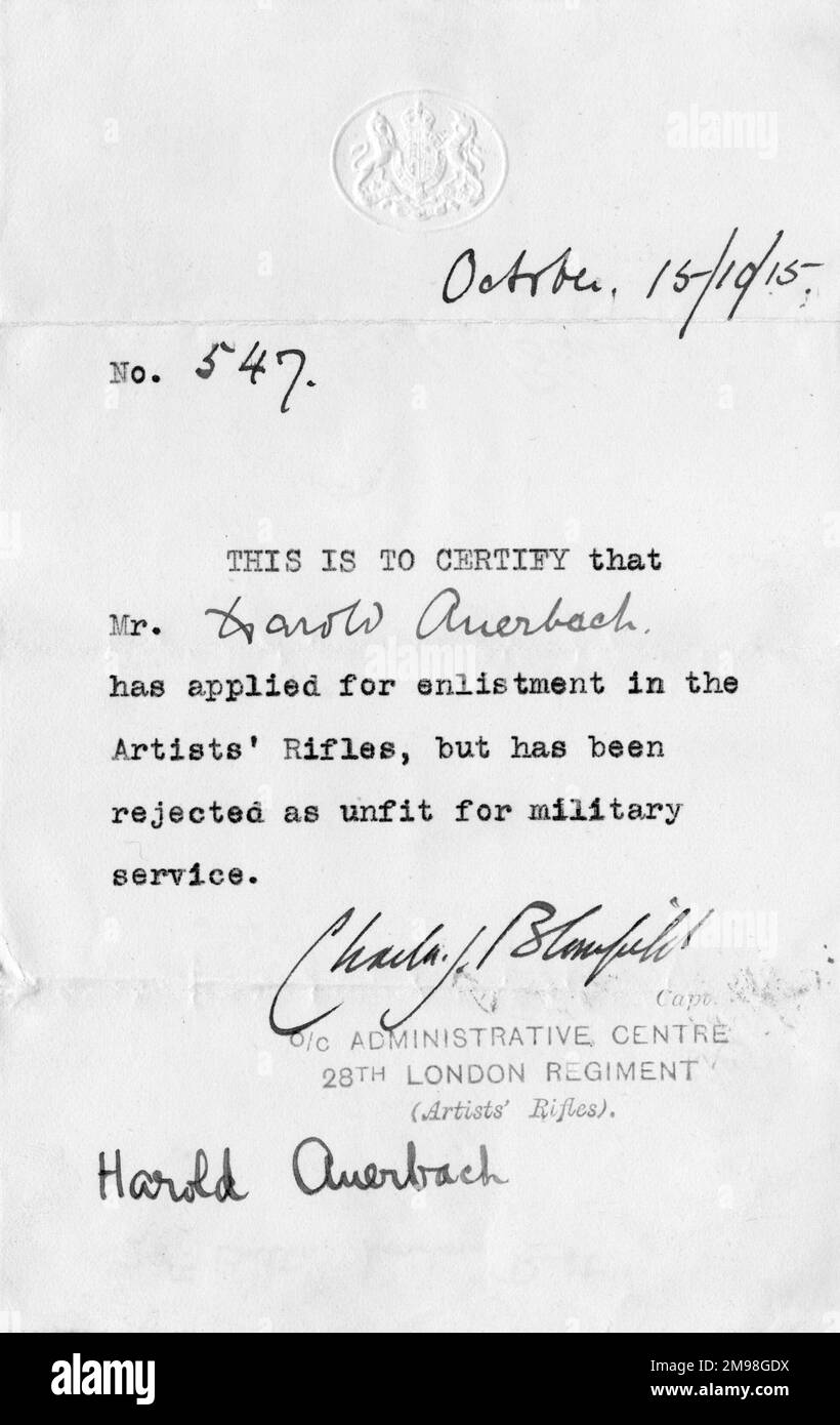 Letter of confirmation declaring Harold Auerbach (1897-1975) unfit for military service, 15 October 1915.  He had applied for enlistment in the Artists' Rifles. Stock Photo