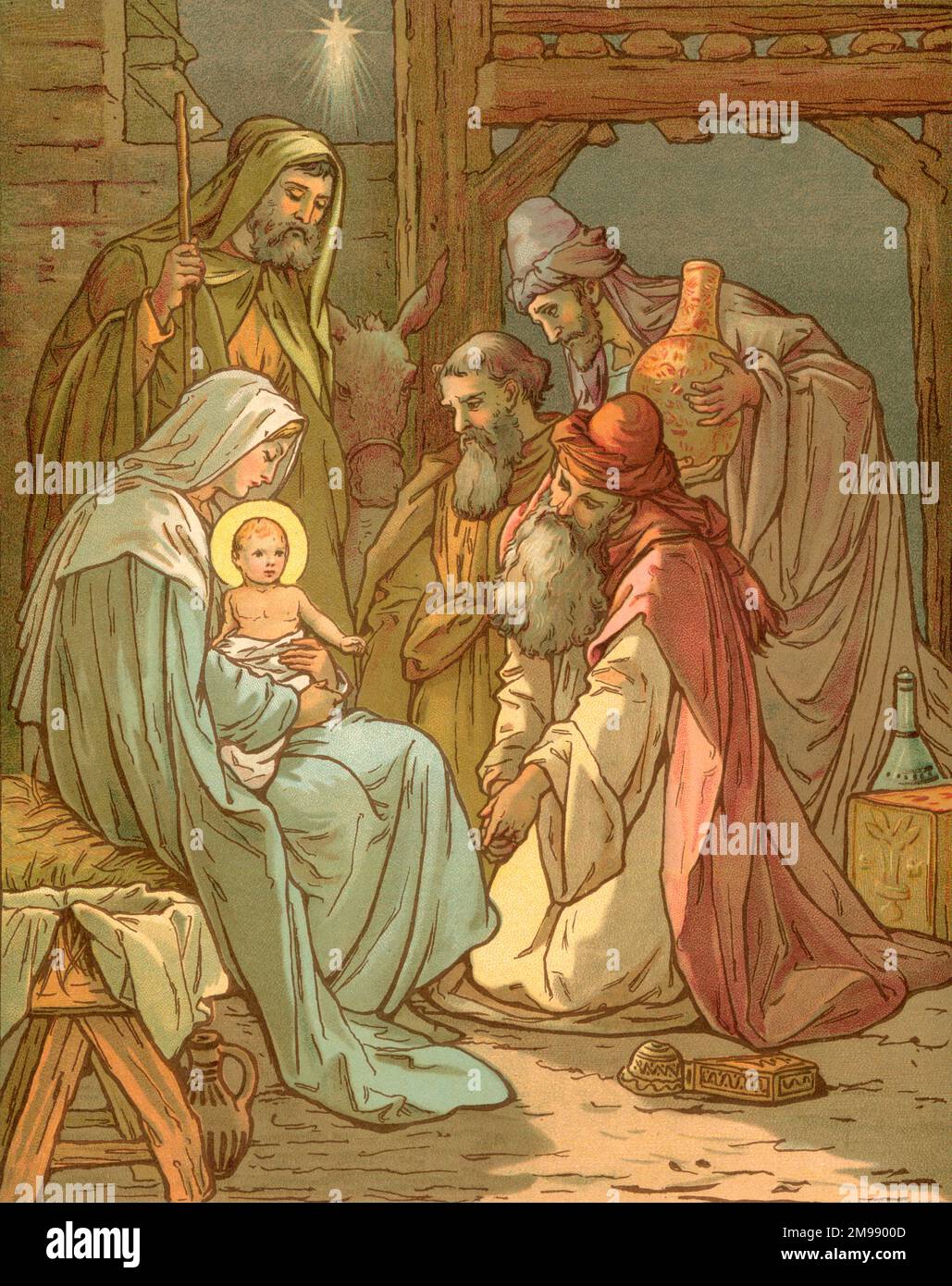 Biblical Tales by John Lawson, Nativity with the Three Wise Men or Magi. Stock Photo