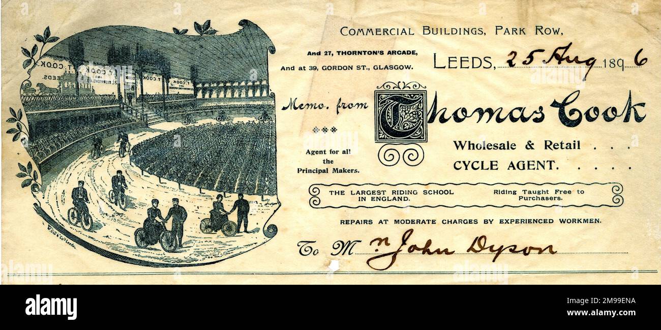 Stationery depicting a large Bicycle Showroom in Leeds, Yorkshire, including a race track. Stock Photo