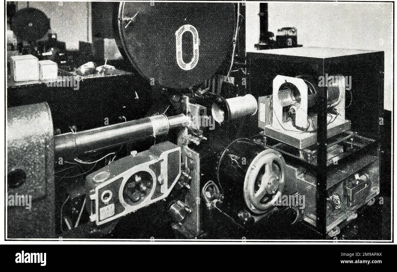 Baird Electron Scanner System of Television, showing the Electron Scanner when used for the televising of talking films. This can be employed for a definition of 100-500 lines. The image dissector for the electron scanning is on the right. There are no mechanically moving parts other than the moving film mechanism. Stock Photo