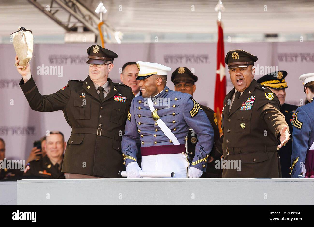 Toward the end of the graduation ceremony, the graduates burst into cheers at the announcement of the “Goat,” who is the lowest ranking cadet, and this year it was Class of 2022 Cadet Isaac Jefferson Dixon IV, and by tradition he received nearly $1,000 from his classmates.  (Photo by Class of 2023 Cadet Tyler Williams) Stock Photo