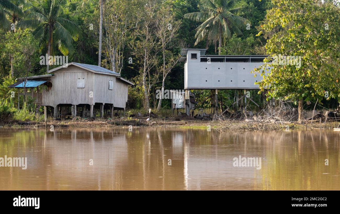 Village with Swiftlet Nest Farm, Borneo, Malaysia Stock Photo