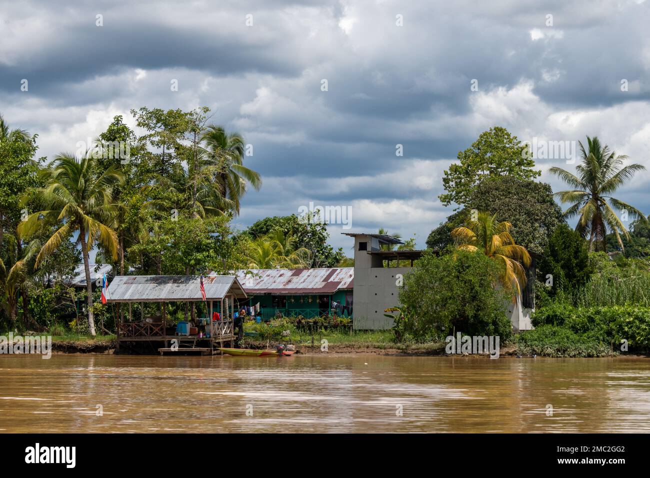 Village with Swiftlet Nest Farm, Borneo, Malaysia Stock Photo