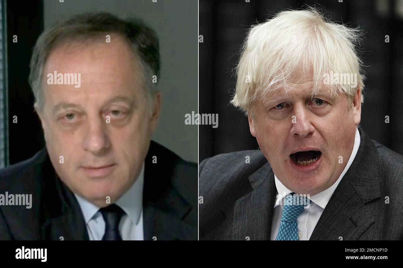 Undated file photos of Richard Sharp (left) and Boris Johnson. Labour is calling for an investigation after claims that the BBC chairman helped Johnson arrange a guarantee on a loan of up to £800,000 weeks before he was recommended for the job by the then-prime minister. The party has written to Parliamentary Commissioner for Standards Daniel Greenberg following a report in The Sunday Times that Tory donor Richard Sharp was involved in talks about financing Mr Johnson when he found himself in financial difficulty in late 2020. Issue date: Sunday January 22, 2023. Stock Photo