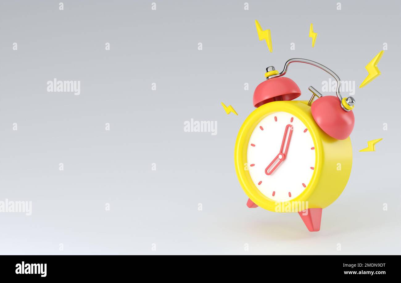 3D rendering of a ringing alarm clock with lightning bolts. 7 am on the dial. Wake up. Isolated illustration on a gray background with empty space for Stock Photo