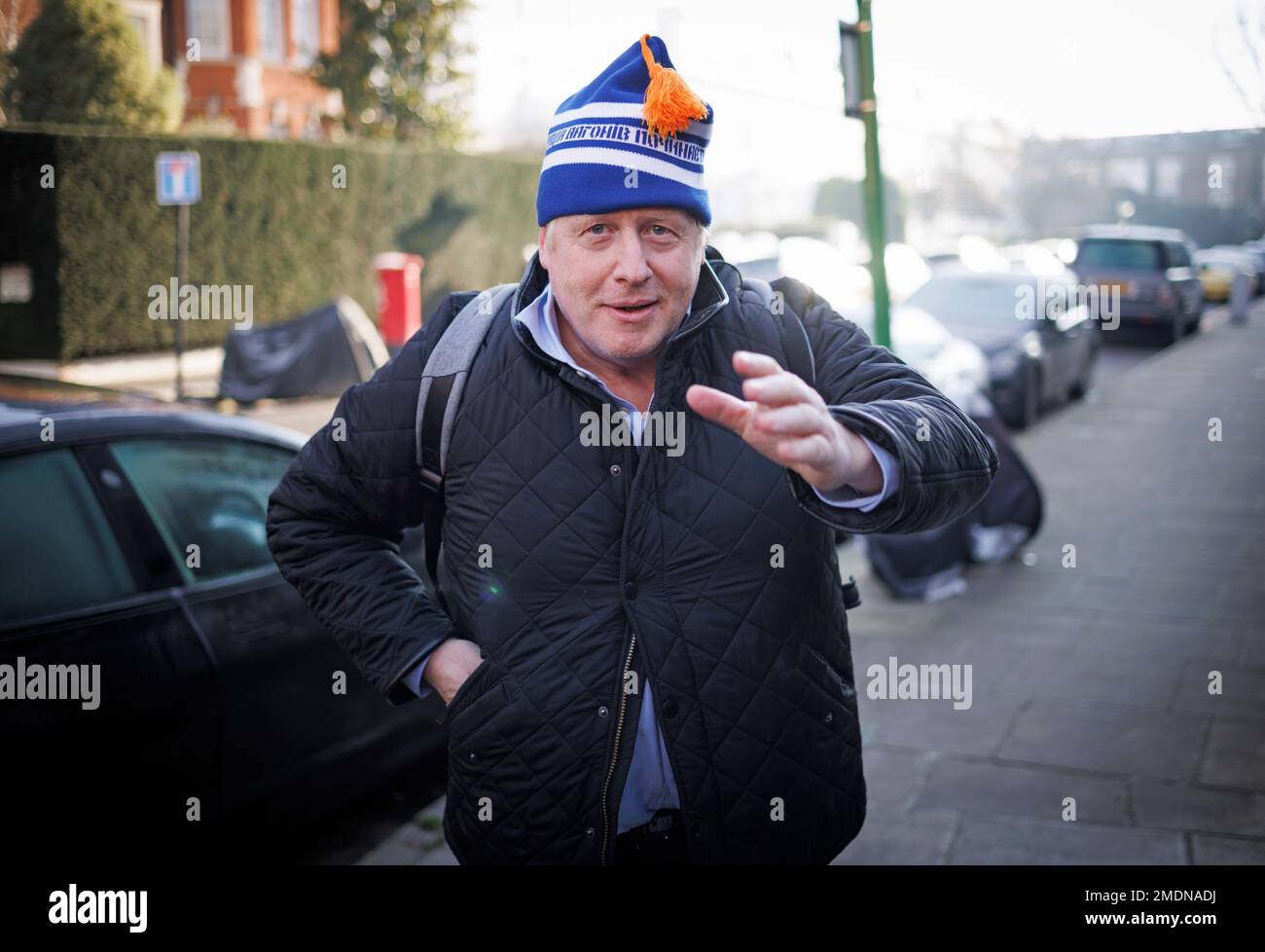 London, UK. 23rd Jan, 2023. ***EXCLUSIVE**SPECIAL RATES APPLY** January 23, 2023, London, UK. Former Prime Minister Boris Johnson is seen arriving at his London home. Mr Johnson is facing criticism over allegations of a conflict of interest involving BBC Chairman Richard Sharp and financial help. Photo credit: Ben Cawthra/Sipa USA **NO UK SALES** Credit: Sipa USA/Alamy Live News Stock Photo