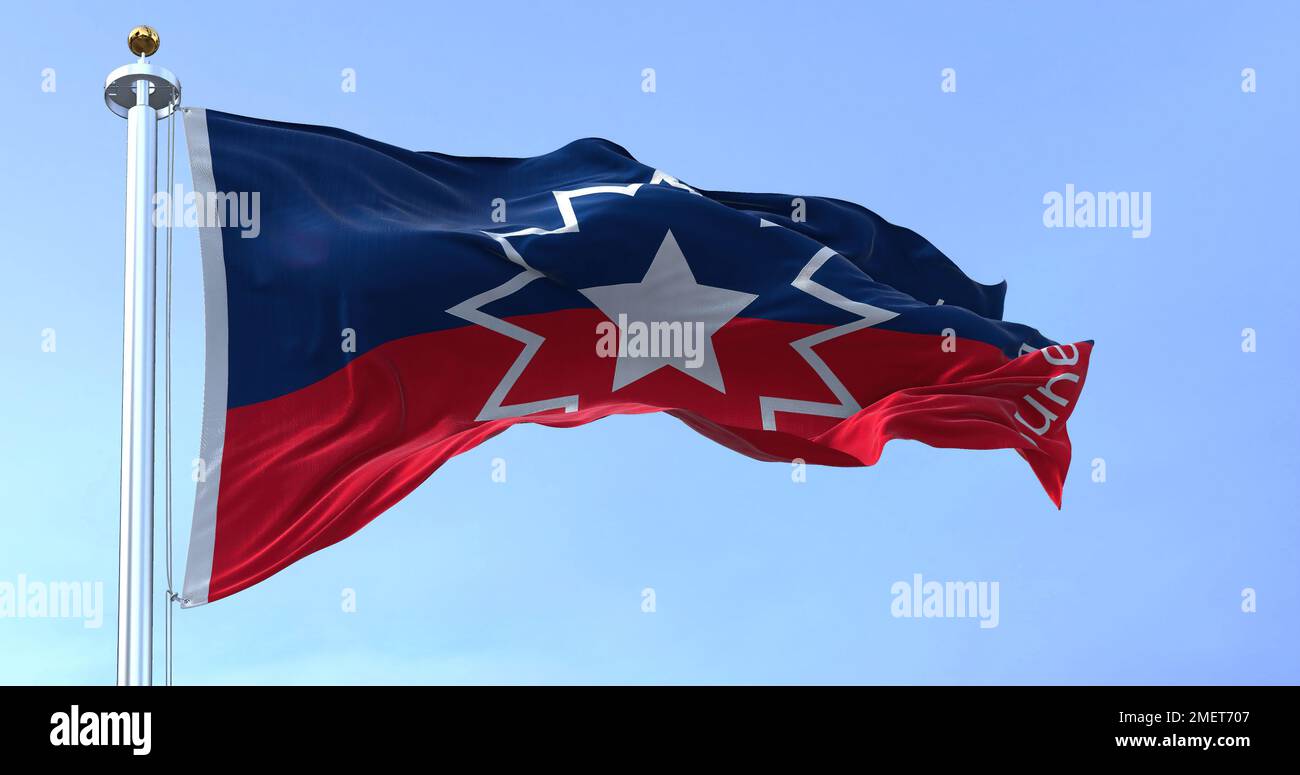 The Juneteenth flag waving in the wind. Juneteenth is a federal holiday in the United States commemorating the emancipation of enslaved African-Americ Stock Photo