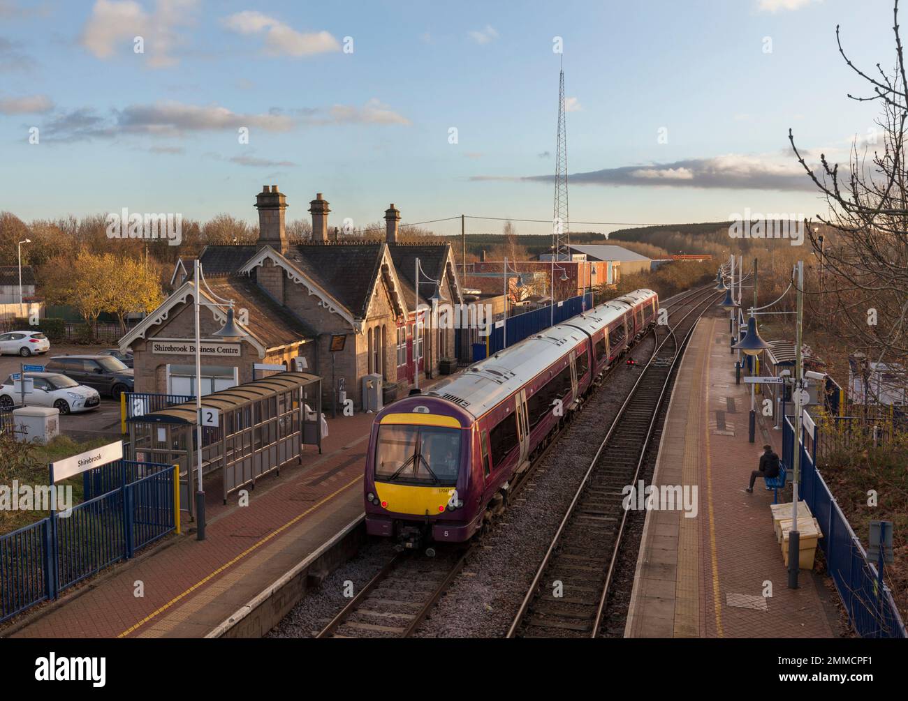 East Midlands Railway class 170 Turbostar train 170416 at Shirebrook railway station on the Robin Hood line, Nottinghamshire, UK Stock Photo