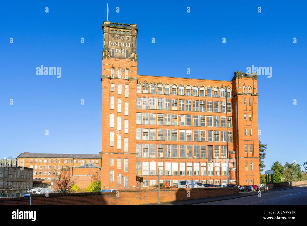 Belper Mill Derwent Valley Mills World Heritage Site East Mill tower of Strutt's Mill Belper North Mill Belper Derbyshire Amber valley England UK GB Stock Photo