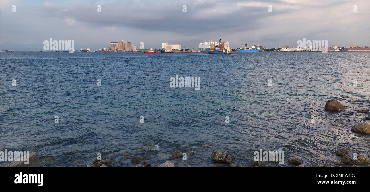 Makassar city and harbor views, landscape photos from the island. Stock Photo