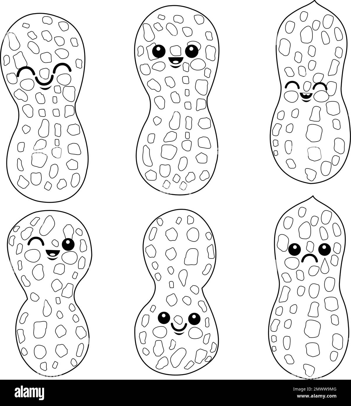 Cute cartoon peanut characters. Vector black and white coloring page Stock Vector