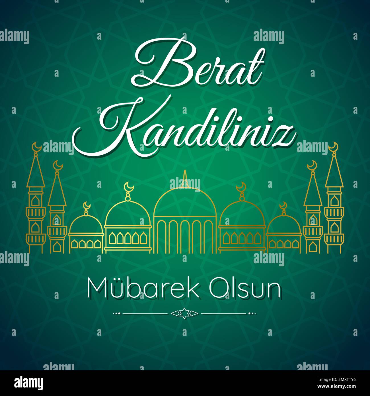 Muslim holiday. Concept of Islamic holy night Berat Kandili. Translation islamic holy night. Card with a linear silhouette of the mosque. Vector illus Stock Vector